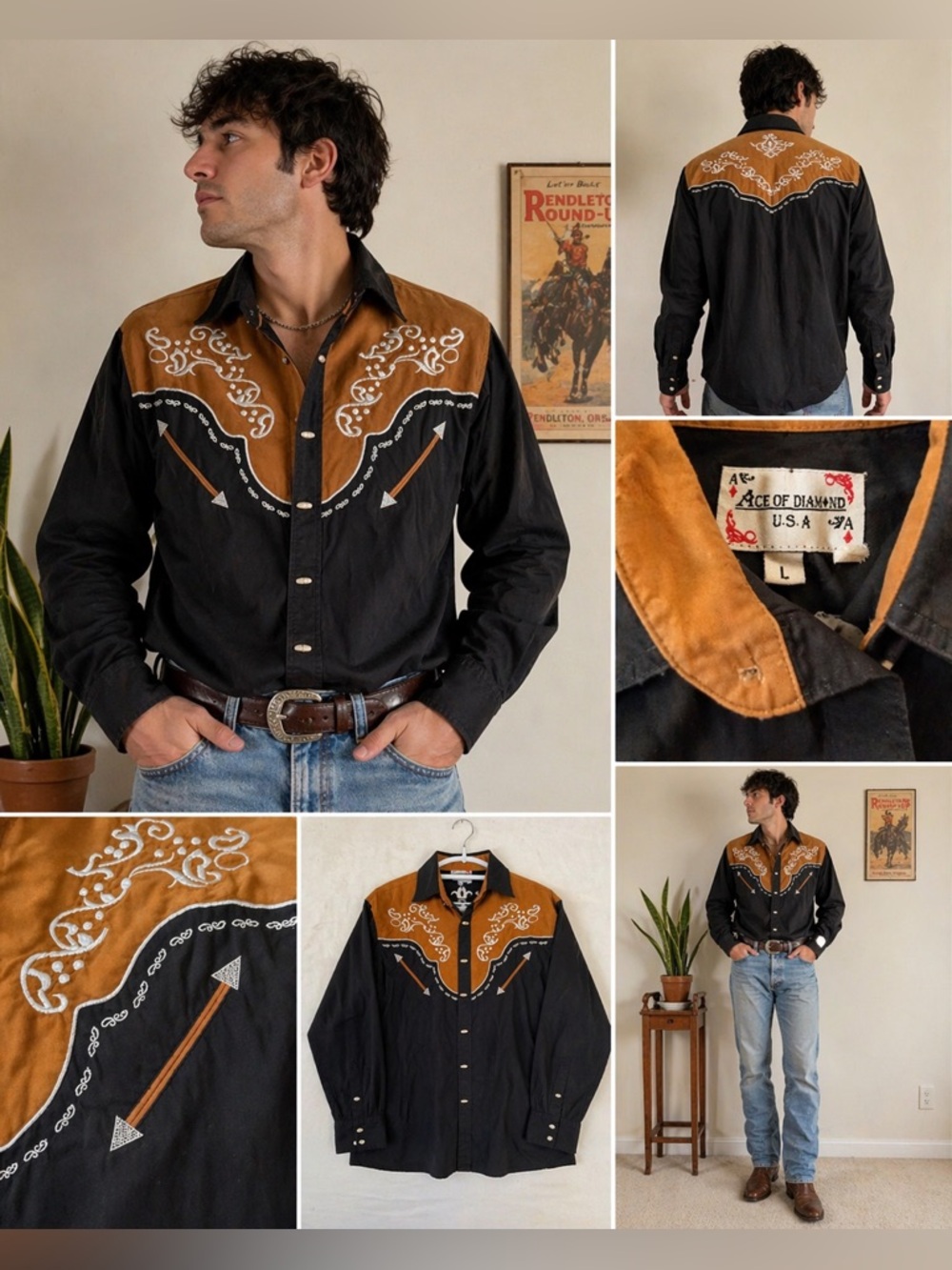 Western Embroidered Button-Up Shirt Black Brown Arrow Cowboy Large